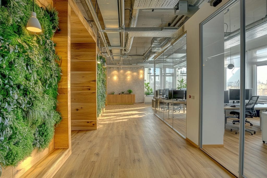 A modern office interior featuring a lush living green wall, warm timber flooring, and glass-partitioned workspaces, ideal for a property conversion use from sui generis to class e.