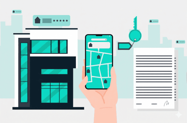 Illustration of a commercial property listing with a smartphone map, location pin and property documents used for commercial property marketing.